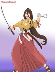 1girls asian asian_clothing asian_female big_breasts boruto:_naruto_next_generations brown_hair busty cleavage female female_focus female_only footwear fully_clothed handcuffs hi_res high_resolution highres hyuuga_hanabi katana large_breasts long_hair long_skirt nail_polish naruto naruto_(series) open_mouth painted_nails pink_nail_polish pink_nails pinup ponytail pose posing raikage_art robe sandals shounen_jump skirt solo solo_female solo_focus standing sword tied_hair white_eyes wide_hips yukata rating:Safe score:62 user:huntingdark1