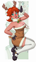 1girls bimbo blue_eyes breasts brown_hair christmas cleavage clothing female female_only huge_breasts large_breasts light-skinned_female light_skin long_hair looking_at_viewer mario_(series) nintendo open_mouth orange_hair princess_daisy reindeer_costume rizdraws simple_background smile solo white_background rating:Explicit score:230 user:Regular-man