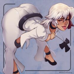 1girls ankaeverlasting ass bent_over cleavage clothed guilty_gear jack-o'_valentine medium_breasts red_eyes solo standing tongue_out white_dress white_hair rating:Questionable score:120 user:klinika5