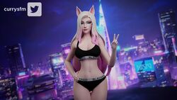 1girls 3d ahri alternate_hair_color animal_ears big_breasts black_bra black_panties blacked blacked_clothing blonde_hair blue_eyes bra breasts city_background cityscape cleavage currysfm female female_only gradient_hair hand_on_hip k/da_ahri k/da_series league_of_legends light-skinned_female light_skin lingerie long_hair looking_at_viewer navel night panties peace_sign riot_games skyscraper smile solo sports_bra v v_sign whisker_markings rating:Safe score:163 user:H0lodnh