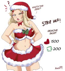 1girls angry belly_button blonde_hair christmas christmas_outfit christmas_skirt christmas_topwear cleavage gloves goddess heart karbuitt kid_icarus kid_icarus_uprising like_icon midriff nintendo retweet_challenge retweet_icon ribbon_choker santa_costume santa_hat skirt strip_game tagme twitter twitter_strip_game_(meme) viridi yellow_eyes rating:Questionable score:63 user:RatherNotSay