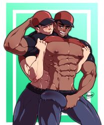 2boys abs bara belt big_bulge big_pecs black_hair blue_eyes blush bulge bulge_through_clothing cap chocolate_and_vanilla clothed clothed_male courier_(pokemon) dark-skinned_male erection_under_clothes eyes_half_closed gay hand_behind_another's_head hat holding_bulge huge_bulge lake_side_nsfw light-skinned_male light_skin looking_at_partner looking_over_shoulder male male_ass male_nipples male_only melanin mouth_open muscles muscular muscular_male nipples pecs penis_grab pokemon pokemon_sv shirt_lift shirt_up skin_tight smile smiling tanned_skin tight_clothing veins wristband yaoi rating:Explicit score:61 user:Knockers