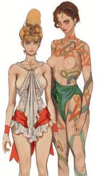 2022 2girls body_paint bodypaint breasts duo female female_only futurism life_(magazine) looking_at_viewer medium_breasts mossa original_character retro retro_futurism short_hair sideboob standing topless white_background rating:Explicit score:160 user:Renata