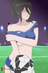 1girls agung911 ball bare_shoulders big_breasts bloomers blush boruto:_naruto_next_generations breasts brown_hair busty cleavage crop_top holding_object hyuuga_hanabi lavender_eyes midriff naruto naruto_(series) off_shoulder one_eye_closed revealing_clothes soccer soccer_ball soccer_field soccer_uniform strap_slip tied_hair underboob wink world_cup rating:Questionable score:99 user:Dekorin