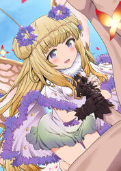 1boy 1girls antennae bangs black_gloves blonde_hair blunt_bangs blush brown_hairband butterfly_wings closed_mouth clothed_female_nude_male commission cum cum_in_glove dress eyebrows_visible_through_hair female flower gloved_handjob glovejob gloves gran_(granblue_fantasy) granblue_fantasy hair_flower hair_ornament hairband handjob highres light-skinned_female light-skinned_male light_skin looking_at_another multicolored_clothes multicolored_dress nude onibi_2 penis purple_eyes skeb_commission straight sylph_(granblue_fantasy) wings rating:Explicit score:36 user:A_perv_with_a_controller