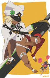 1boy 1futa balls bandaged_arm bandaged_leg bandages big_penis blonde_hair blush border bottomless breasts cape chibi chibi_inset circumcised clothed clothes_pull clothing clover dark-skinned_futanari dark_skin dick edit erect_penis erection female fingerless_gloves fingernails floating floating_object floating_sword floating_weapon four-leaf_clover from_above futa_only futanari gloves guilty_gear guilty_gear_strive high-angle_view highres huge_weapon human looking_at_another medium_hair no_panties nose_blush orange_eyes outside_border partially_clothed penis penis_in_panties penis_out precum precum_drip ramlethal_valentine short_shorts shorts shorts_pull sitting sol_badguy solo_focus spoken_question_mark starhump sword thigh_strap uncensored weapon white_border white_cape yellow_background rating:Explicit score:175 user:BussyDemolisher