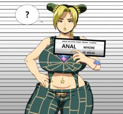 1girls alternate_breast_size big_breasts breasts clothing female female_only fully_clothed gigantic_breasts huge_breasts human hyper_bimbo jojo's_bizarre_adventure jolyne_kujo large_breasts mugshot navel_piercing prison pulpawoelbo slightly_chubby solo solo_female standing stone_ocean text rating:Questionable score:323 user:Fried_Pear