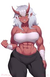 1girls abs bandage bandaged_arm bandaged_chest bandages big_breasts chest_wraps commission female female_only gad_ddx horns looking_at_viewer muscles muscular muscular_female muscular_thighs oni oni_horns orange_eyes pants pointy_ears red-skinned_female red_skin sharp_teeth smiling smiling_at_viewer solo teeth_showing three-quarter_portrait very_high_resolution wide_hips rating:Questionable score:82 user:!nner$elf89