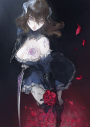 absurd_res bloodstained:_ritual_of_the_night blue_eyes brown_hair cleavage female hi_res miriam_(bloodstained) natthelich rose short_hair skirt solo sword tattoo thighs weapon rating:Questionable score:140 user:evildeathgod