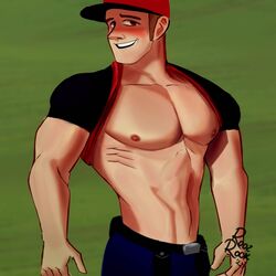 courier_(pokemon) embarrassed looking_back male male_only muscles muscular muscular_male pokemon pokemon_sv roozrook shirt_lift shy rating:Safe score:9 user:deleted101762