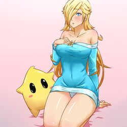 1girls alternate_costume arm_support art bare_legs bare_shoulders blonde_hair blue_eyes blush blush_stickers breasts collarbone erect_nipples female hair_over_one_eye hand_on_chest hand_on_own_chest human imdsound large_breasts legs long_hair luma mario_(series) naked_sweater neck nintendo off_shoulder panties pantyshot pantyshot_(sitting) pink_background princess_rosalina ribbed_sweater shiny shiny_hair shiny_skin sitting star striped striped_panties sweater upskirt rating:Questionable score:105 user:Freezer88