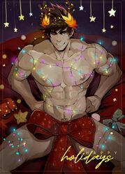 1boy bare_chest black_hair bow_on_penis christmas christmas_lights covering_crotch english_text gifting_self grin hades_(game) heterochromia laurel_crown looking_at_viewer male male_only mismatched_pupils muscular nude_male playful pubic_hair red_ribbon robokeh seductive smile solo supergiant_games twunk zagreus rating:Questionable score:62 user:Handy