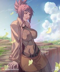 arttoru brown_eyes busty detailed_background fishnet_bodysuit miniskirt mitarashi_anko naruto naruto_(classic) naruto_shippuden nipples_visible_through_clothing purple_hair rating:Questionable score:208 user:Comeandtakethem