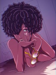 afro black_hair black_skin brown_eyes dark-skinned_female dark_skin doctor_slone female fortnite glasses hair_over_one_eye holding_glasses laying_on_bed looking_at_viewer nude_female on_bed one_eye_obstructed seductive seductive_look solo solo_female treadman1999 rating:Explicit score:58 user:just_blursed