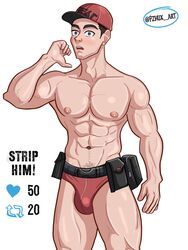 bulge courier_(pokemon) english_text male male_only muscles muscular muscular_male pokemon pokemon_sv pzhux smooth_chest smooth_skin strip_game surprised underwear rating:Questionable score:9 user:deleted101762