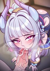 1boy 1girls all_fours blowjob blowjob_face blush cum cum_in_mouth fellatio female_focus heart-shaped_pupils horns league_of_legends light-skinned_female light-skinned_male light_skin multicolored_hair oral penis pov purple_eyes riot_games silver_hair spirit_blossom_series spirit_blossom_syndra strongbana syndra veiny_penis rating:Explicit score:396 user:DannyKibby_