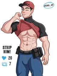 abs bulge courier_(pokemon) english_text male male_only muscles muscular muscular_male pokemon pokemon_sv pzhux shirt_lift smooth_chest smooth_skin strip_game winking_at_viewer rating:Questionable score:8 user:deleted101762