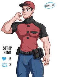 bulge clothed courier_(pokemon) english_text male male_only muscles muscular muscular_male pokemon pokemon_sv pzhux strip_game rating:Safe score:6 user:deleted101762