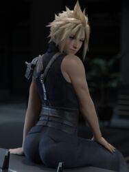 1boy 3d 3d_(artwork) blonde_hair blue_eyes clothed cloud_strife emberstock femboy final_fantasy final_fantasy_vii final_fantasy_vii_remake fully_clothed large_ass light-skinned_femboy light-skinned_male light_skin looking_at_viewer looking_back male male_focus male_only pantylines pretty_boy sitting solo twink yaoi rating:Questionable score:209 user:thewalkinged