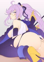 after_anal after_sex ahoge aisha_landar ass bangs blush boots breasts cum cum_in_ass detached_sleeves elsword eyewear_strap female from_behind glasses hair_ribbon high_heel_boots high_heels large_breasts long_hair looking_back nipples parted_lips ponytail purple_eyes purple_hair purple_ribbon ribbon semi-rimless_eyewear shirt simple_background sleeveless sleeveless_shirt solo thigh_boots waero white_shirt rating:Explicit score:23 user:bot