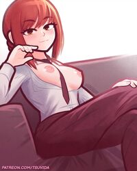 bangs big_breasts breasts_out casual_exposure chainsaw_man couch crossed_legs exposed_breasts makima_(chainsaw_man) nipples pants red_hair sidelocks suit tie tsuvida rating:Explicit score:257 user:MaverickAA12