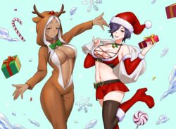 2girls alternate_costume alternate_version_available animal_costume animal_hood aversa_(fire_emblem) bell_collar belly blue_background boots bow bowtie breasts candy candy_cane center_opening christmas christmas_bikini christmas_outfit cleavage dark-skinned_female dark_skin female female_only fire_emblem fire_emblem_awakening fire_emblem_heroes food fur fur_trim gift green_bow green_bowtie hat highres holding holding_gift hood igni_tion intelligent_systems kiran_(female)_(fire_emblem) kiran_(fire_emblem) kiran_(fire_emblem)_(female) large_breasts light-skinned_female light_skin looking_at_viewer multiple_girls navel nintendo partially_unzipped plain_background present purple_hair reindeer_costume reindeer_hood revealing_clothes sack santa_costume santa_hat skirt smile snow snowflake snowflakes thick_thighs white_hair rating:Questionable score:36 user:MegaTank