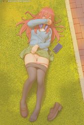 artist_name bangs bartolomeobari black_pantyhose blue_cardigan blush brown_footwear cardigan cellphone clothes_lift clothes_pull commentary commission covering_mouth day embarrassed english_commentary exhibitionism eyes_visible_through_hair female female_pubic_hair full_body go-toubun_no_hanayome grass green_skirt hair_between_eyes hair_spread_out headphones headphones_around_neck heart heart-shaped_pupils highres horny lifted_by_self loafers long_hair long_sleeves looking_at_viewer lying nakano_miku on_back on_ground outdoors panties panty_pull pantyhose pantyhose_pull phone pink_panties presenting presenting_pussy pubic_hair purple_eyes pussy red_hair school_uniform schoolgirl shirt shoe_removed shoes shoes_removed showing_pussy shy single_shoe skirt skirt_lift solo sparse_pubic_hair submissive submissive_female symbol-shaped_pupils uncensored underwear white_shirt rating:Explicit score:418 user:bot