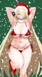 1girls arm_behind_head armpits awesomeerix big_breasts blonde_hair bra christmas curvy cynthia_(pokemon) female_focus green_background hair_ornament hair_over_one_eye lingerie long_hair looking_at_viewer micro_bikini navel pokemon pokemon_dppt santa_bikini santa_hat side-tie_bikini_bottom smile snow thick_thighs very_long_hair rating:Explicit score:73 user:BLB18