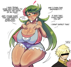 1boy 1girls alternate_breast_size blonde_hair breasts brown_skin crossover dark-skinned_female dark_skin english_text female green_eyes green_hair huge_breasts large_breasts light-skinned_male light_skin long_hair male mallow_(pokemon) nintendo one_piece overalls pinkkoffin pokemon pokemon_sm text thick_thighs vinsmoke_sanji white_background wide_hips rating:Questionable score:156 user:NightSky77