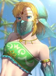 1boy androgynous blonde_hair blue_eyes blue_sky breath_of_the_wild crop_top crossdressing earrings femboy fully_clothed gerudo_link highres jewelry jimaku link looking_at_viewer male_focus male_only non-nude sky solo the_legend_of_zelda tiara tree rating:Safe score:46 user:bot