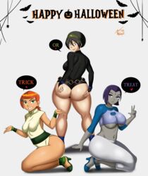 3girls aged_up apple_butt ass avatar_the_last_airbender ben_10 big_breasts blind breast_size_difference breasts bubble_butt clothing cosplay crossover dat_ass dialogue female female_focus female_only grey_skin gwen_tennyson hair_ornament hairclip halloween high_heel_boots high_heels jack-o'-lantern large_breasts long_hair looking_at_viewer medium_breasts peace_sign pom_pom_(clothes) pose posing purple_hair rachel_roth raven red_hair short_hair small_breasts teen_titans toph_bei_fong underboob v vn_simp vns2imp rating:Questionable score:333 user:heYpetah