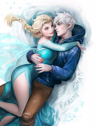 1boy 1boy1girl 1girls arm_around_partner arm_around_waist artist_name bare_legs bare_shoulders bare_thighs blonde_female blonde_hair blue_dress blue_eyes braided_hair braided_ponytail crossover disney disney_princess dreamworks dress elsa_(frozen) eye_contact female frozen_(film) hetero high_slit_dress hood_down hoodie hugging ice jack_frost jack_frost_(rise_of_the_guardians) jelsa legs_intertwined light-skinned_female long_hair lying_on_person male/female princess rise_of_the_guardians sakimichan short_hair silver_hair slim_waist slit_dress small_breasts snow straight tight_clothes tight_clothing tight_dress trait_connection white_hair winter rating:Questionable score:69 user:notNPC