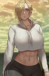 1girls abs annie_leonhardt attack_on_titan black_legwear blonde_female blonde_hair blue_eyes exposed_midriff female female_focus female_only fit_female hair_over_one_eye large_breasts looking_at_viewer oroborusart savagexthicc sky solo sportswear white_topwear wide_hips rating:Safe score:214 user:TBL