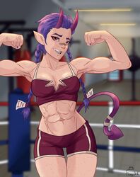 1girls abs absurd_res bandaid_on_nose blurry_background body_freckles boxing_ring braided_ponytail female female_only flexing flexing_bicep freckles froggystyle horns kori_(porqueloin) long_hair looking_at_viewer muscular muscular_female oerba_yun_fang oni oni_horns petite pink_eyes pointy_ears purple_hair seductive_look smiling smiling_at_viewer solo sportswear tail thigh_gap twin_braids twintails rating:Questionable score:24 user:!nner$elf89