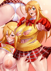 1girls areolae ass big_ass big_breasts big_butt blonde_hair blush breasts female female_only gloves green_eyes haikawa_hemlen ikkitousen long_hair nipples ripped_clothing ripped_shirt skirt solo sonsaku_hakufu standing thick_thighs rating:Explicit score:40 user:Cursedcrow