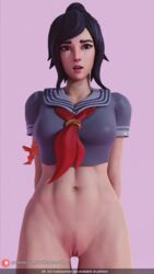 1girls 3d arms_behind_back asian bare_midriff black_hair bottomless brown_hair darkbahamuth english_text female female_only fit_female fortnite light-skinned_female light_skin lowres navel partially_clothed patreon_logo patreon_url pink_background pubic_hair pussy sailor_uniform school_uniform schoolgirl simple_background solo standing topwear tsuki_(fortnite) rating:Explicit score:95 user:Darkbahamuth