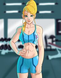 1girls 2022 absurd_res blonde_hair blurry_background female female_only fit fit_female froggystyle green_eyes gym high_ponytail long_hair looking_at_viewer metroid muscular nintendo petite ponytail samus_aran seductive_look smiling smiling_at_viewer solo sportswear three-quarter_portrait rating:Questionable score:10 user:!nner$elf89