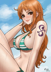 1girls big_breasts bikini bikini_bottom bikini_top breasts brown_eyes busty curvy female female_only kyopink nami one_piece orange_hair post-timeskip seductive shoulder_tattoo sideboob sky smile solo swimsuit tattoo thick_thighs water wet_skin rating:Questionable score:155 user:lespam_605