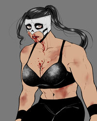 big_breasts black_bra black_hair black_legwear bleeding blood bra brown_eyes bruise bruised cleavage female female_only fighter fist_of_the_seeker genderswap_(mtf) jose_kanzaki kengan_(series) kengan_omega leggings long_hair looking_at_viewer luchador luchador_mask mahuri mask masked masked_female muscular muscular_female nosebleed ponytail rule_63 ryona solo sports_bra sportswear tan_skin wavy_hair wrestler wrestling_outfit wristbands rating:Questionable score:24 user:deleted101928