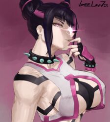 1girls 2022 big_breasts black_hair capcom collar female female_only finger_in_mouth fingerless_gloves geelawjik glowing_eye hair_horns juri_han looking_at_viewer narrowed_eyes pink_eyes pink_highlights side_view smiling smiling_at_viewer solo spiked_bracelet spiked_collar street_fighter street_fighter_6 tied_hair upper_body very_high_resolution voluptuous rating:Questionable score:70 user:!nner$elf89