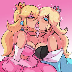 2girls black_bra blonde_hair blush bra crown dress drool drooling female female_only gradient_background kiss_mark kissing lingerie loggus_doggus long_hair making_out mario_(series) nintendo pink_background pink_bra princess princess_peach princess_rosalina sweat sweatdrop taking_clothes_off undressing yuri rating:Explicit score:621 user:Log_draws