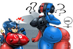 2girls big_ass big_breasts blue_hair body_swap female female_only head_swap nintendo onat onatart paintbrush painted_body shorter_female switch_dog tail tailwag thick_thighs wide_hips rating:Questionable score:42 user:Crimviron