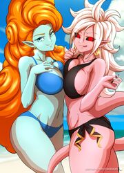 2girls android_21 bikini black_sclera dragon_ball dragon_ball_fighterz dragon_ball_z female female_only green_skin majin_android_21 peabean pink_skin red_eyes white_hair zangya rating:Questionable score:130 user:The_Fixer