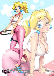 1girls big_breasts big_lips blonde_hair blue_eyes bottomwear breasts cleavage feet female female_only full_body hair joycon_controller lips lipstick mario_(series) nintendo one_eye_closed pants pink_lips pink_lipstick pink_pants ponytail princess_peach ring_fit sasatseng solo solo_female stirrup_legwear sweat sweatdrop thick_lips thighs topwear wink winking yoga_pants rating:Questionable score:147 user:daft_human