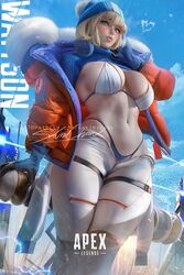 2d apex_legends artist_name artist_signature bikini blonde_hair blue_eyes blush breasts coat digital_media_(artwork) female female_only hair headwear light-skinned_female light_skin navel sakimichan short_hair solo standing tagme wattson_(apex_legends) rating:Questionable score:237 user:Diuxson