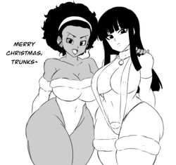 2girls afro arm_gloves ass bangs big_ass big_breasts black_hair breasts bursting_breasts choker christmas cleavage clothes curvy dark-skinned_female dark_skin darwaarts dragon_ball dragon_ball_super dragon_ball_super_super_hero dragon_ball_z english_text greyscale hand_on_shoulder headband hourglass_figure leotard light-skinned_female light_skin looking_at_viewer mai_(dragon_ball) monochrome navel nipple_bulge nipples open_mouth painted_nails practically_nude revealing_clothes rulah_(dragon_ball) sideboob sidelocks simple_background skindentation sling_bikini thick_thighs thighhighs white_background rating:Questionable score:217 user:HydratedAcorn