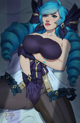 1girls arm_under_breasts big_breasts blue_eyes blue_hair breasts clothed female female_only freckles fully_clothed gloves gwen_(league_of_legends) hair_ornament hand_on_crotch league_of_legends solo solo_female xinaelle rating:Explicit score:80 user:LnRBJDw2