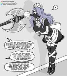 1girls alternate_costume axe bondage camilla_(fire_emblem) cleaning cosplay dialogue duster duster_gag english_text felicia_(fire_emblem)_(cosplay) female femsub fire_emblem fire_emblem_fates gag happy_sub heart high_heels maid maid_headdress maid_uniform nintendo offscreen_character purple_hair restrained speech_bubble strap_bondage straps text tied_arms tied_legs wavy_hair weapon wossarem rating:Questionable score:79 user:jltbl