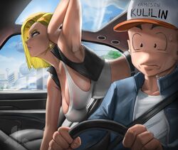 1boy 1girls android_18 arm_up armpits big_breasts blonde_hair breasts car city cleavage clothing dragon_ball dragon_ball_z driving elitenappa female hat husband_and_wife jacket krillin kuririn leaning_forward male nervous_sweat no_bra pants shirt sweatdrop vehicle vest rating:Explicit score:257 user:Rex_Hollins