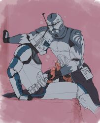  2boys 2males armor captain_rex clone_trooper clone_wars color commander_wolffe faceless faceless_male gloved_handjob hand_on_wall helmet leaning_forward looking_at_penis looking_down male male_only mutual_handjob pencilbrusch penis pink_background precum sitting_on_bed star_wars star_wars:_the_clone_wars testicles yaoi  rating:explicit score: user:bot